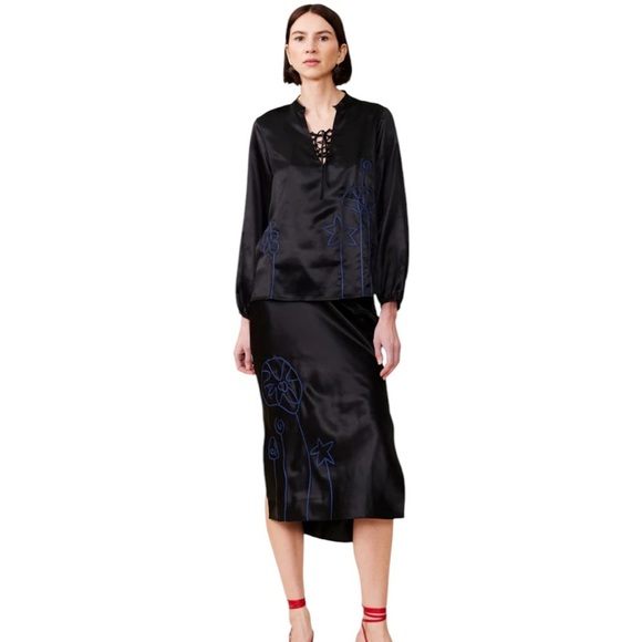 NWT Lingua Franca Embroidered Hudson 100% Silk Long Sleeve Popover Black Size S - Picture 2 of 16